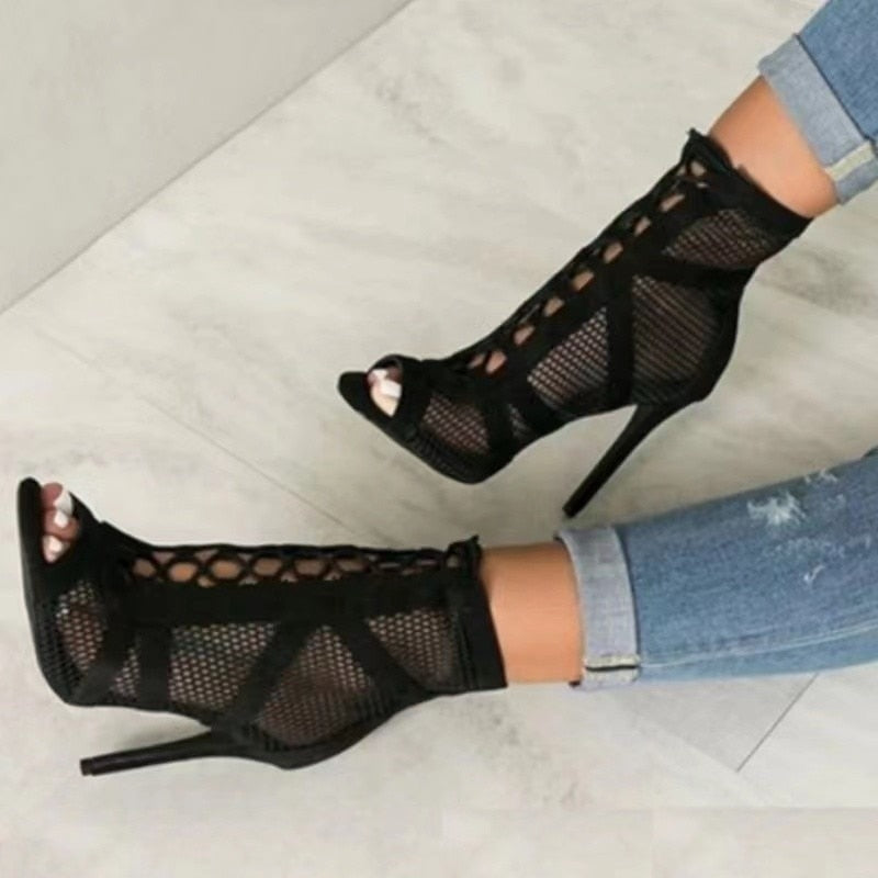 Fashion Mesh Suede Fabric Lace Up High Heel Sandal Boots