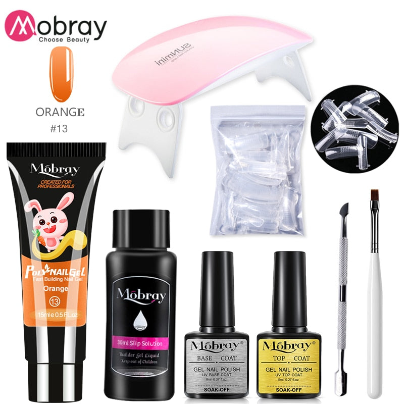 Mobray Poy UV Gel With UV LED Lamp Manicure Set Poly Nail Gel Polish Kit Nail Art Tools For Manicure Need Base Top Coat Nail Kit