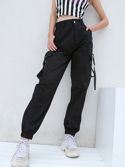 HEYounGIRL Streetwear Khaki Cargo Pants Women Capri Casual High Waist Trousers Black Harajuku Womens Pants Parchwork with Buckle