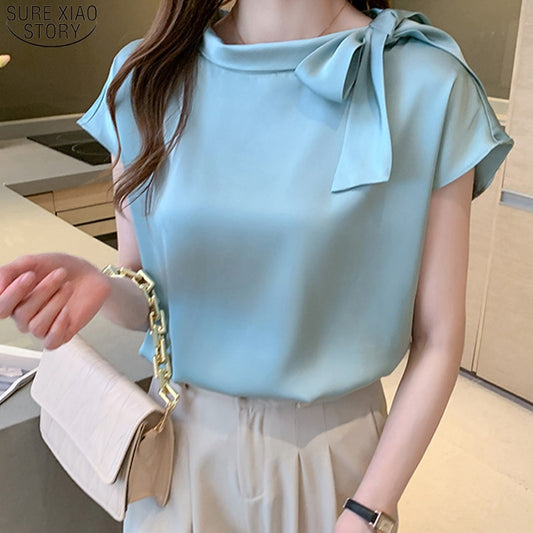 New Casual Female Clothing 2022 Summer Short Sleeve Silk Satin Blouse Women O Neck Bow Women Shirts Tops Blusas 14342