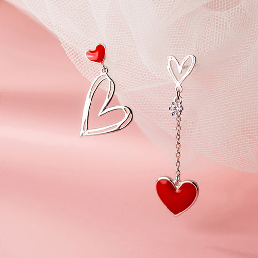 Asymmetric Red Heart Stud Earrings For Women Creative Hollow