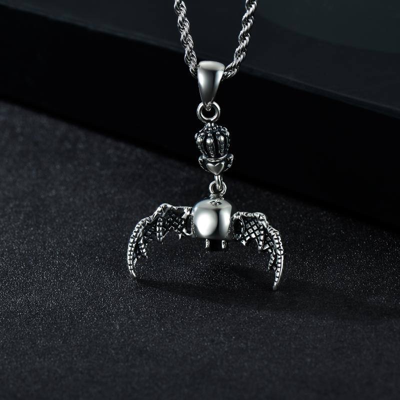 Gothic Skeleton Pendants Necklace with Bat Crown Sterling Silver Matte Gift