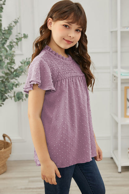 Girls Swiss Dot Smocked Flutter Sleeve Blouse