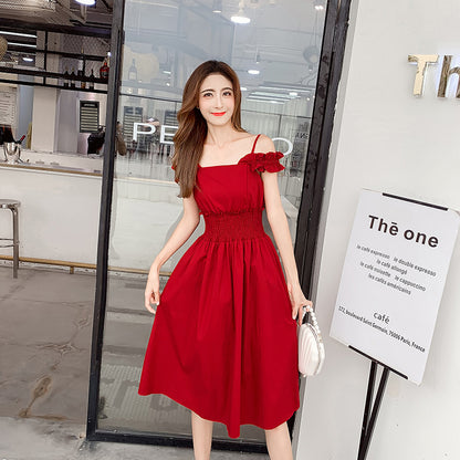 New Retro Straps Leaky Shoulder Back Red Dress Women