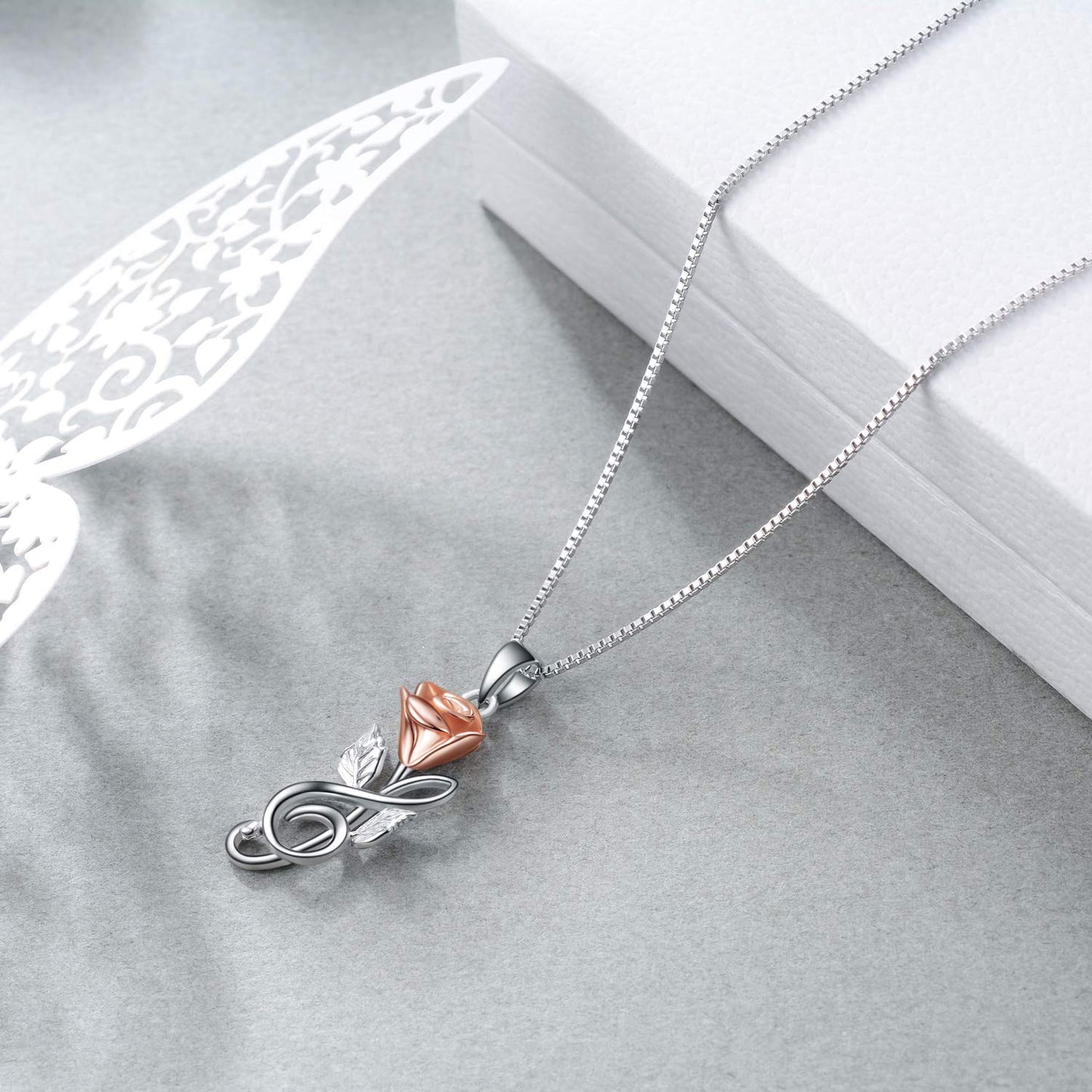 Rose Necklace Sterling Silver 3D Rose Flower Pendant Necklace with Musical Note Jewelry