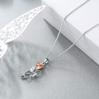 Rose Necklace Sterling Silver 3D Rose Flower Pendant Necklace with Musical Note Jewelry