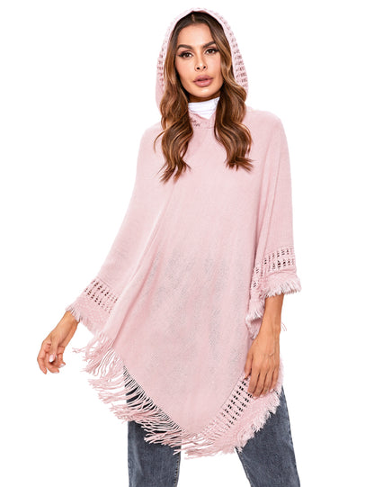 Women's Ethnic Fringe Hooded Knit Cape Shawl