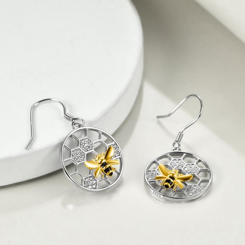 Honeycomb with bee earrings 925 sterling silver Beehive and bee ear jewelry for women