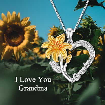 Necklace for Grandma 925 Sterling Silver Lily Flower Heart Necklace I Love You Grandmother Nana Pendant Women Jewelry Birthday Gift