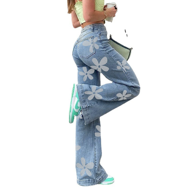 Irregular Flower Print High-rise Straight-leg Casual Jeans Street Style Trousers