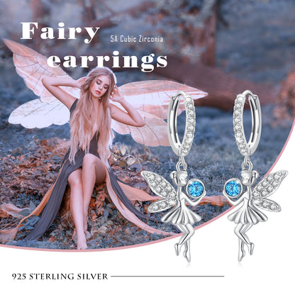 925 Sterling Silver Fairy Angel Dangle Guardian Tinkerbell Huggie Hoop Dangle Drop Earrings Jewelry