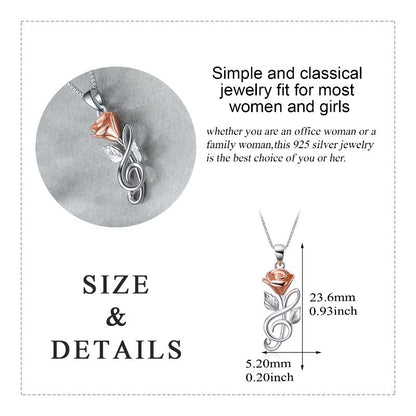 Rose Necklace Sterling Silver 3D Rose Flower Pendant Necklace with Musical Note Jewelry