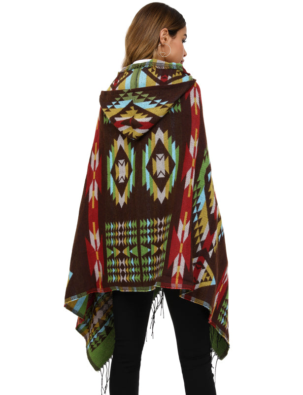 Women's Ethnic Fringe Hooded Knit Cape Shawl