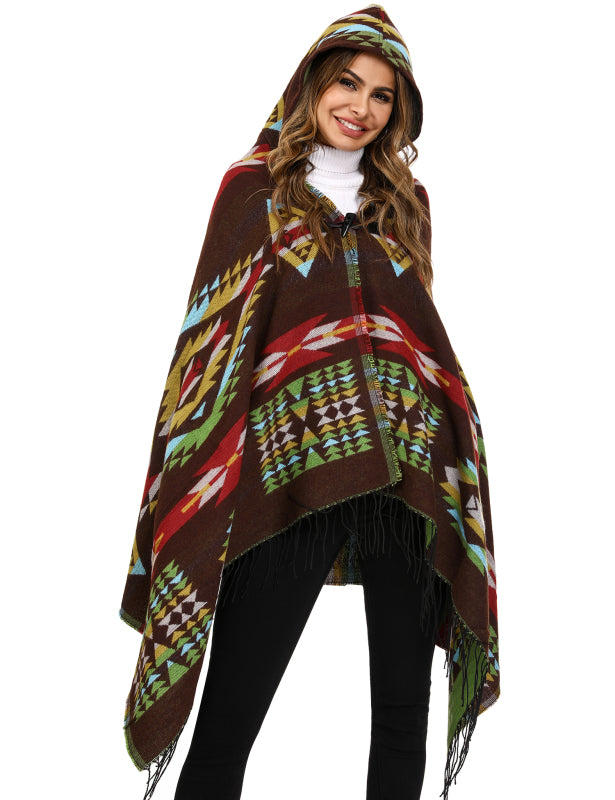 Women's Ethnic Fringe Hooded Knit Cape Shawl