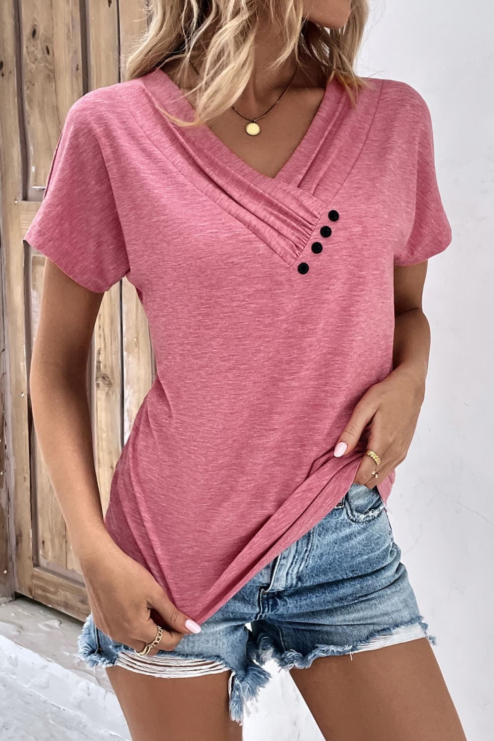 Decorative Button V-Neck Short Sleeve Tee