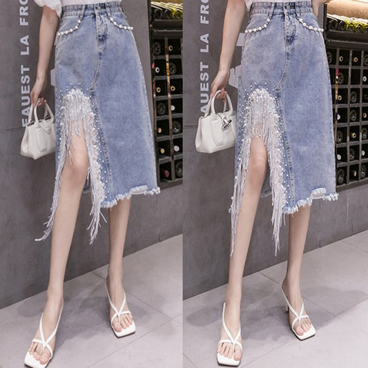 Beaded Sequins And Fringed Denim Bust Women's Irregular Fringe High Slit Exposed Legs And Hip Skirt