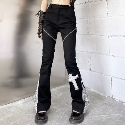 Dark Cross Lace Rivet Decoration Stitching Flared Pants Super Thin And High Waist