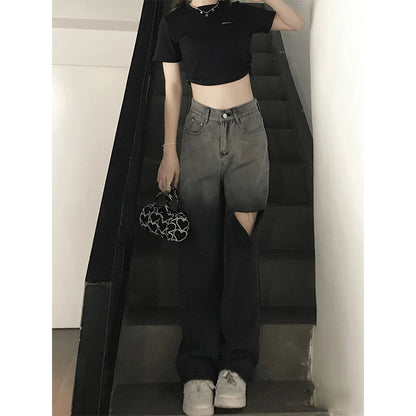 Ripped Jeans Female High-waist Straight-leg Pants Small Wide-leg