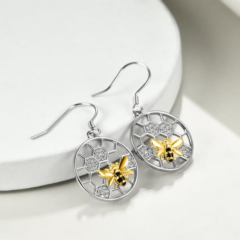 Honeycomb with bee earrings 925 sterling silver Beehive and bee ear jewelry for women