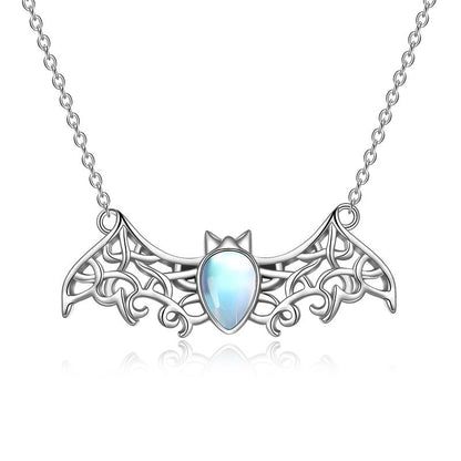 Moonstone Bat Necklace for Women S925 Sterling Silver Celtic Bat Pendant Irish Jewelry Halloween Christmas Gifts for Girls