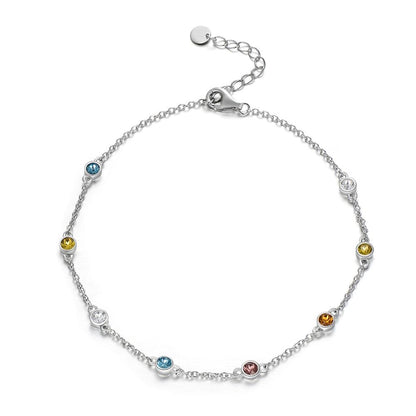 Sterling Silver Rainbow Ankle Bracelet with Crystals Adjustable Foot Bracelet with 3 mm Ball Beads