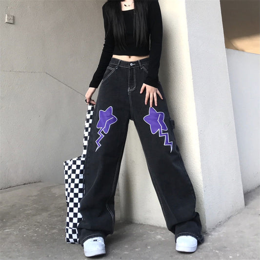 Letter Star Loose High Waist Straight Wide Leg Long Pants