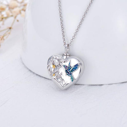 Hummingbird Flower Necklace 925 Sterling Silver Heart Keepsake Memorial Locket Holder Jewelry Gift