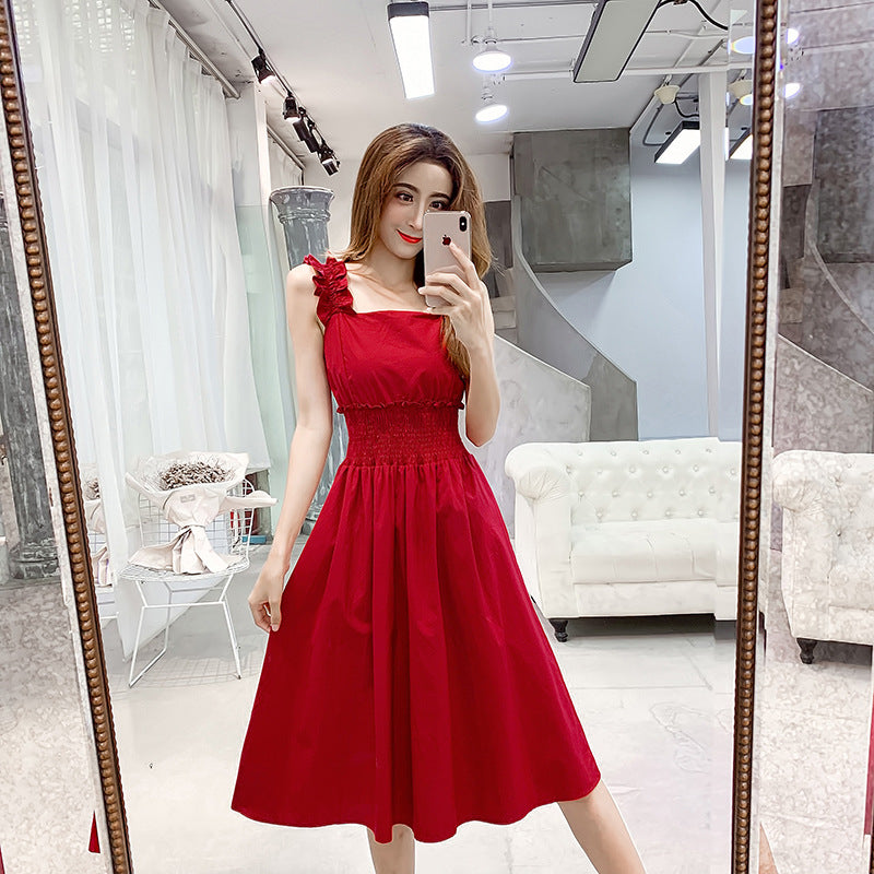 New Retro Straps Leaky Shoulder Back Red Dress Women