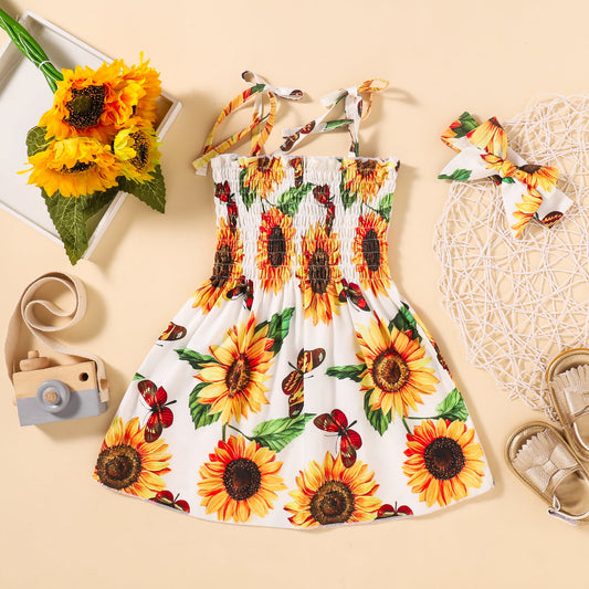 Sunflower Print Smocked Tie Shoulder Dress