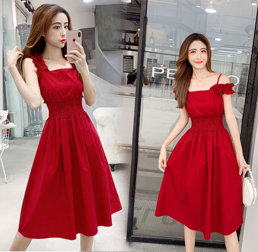 New Retro Straps Leaky Shoulder Back Red Dress Women