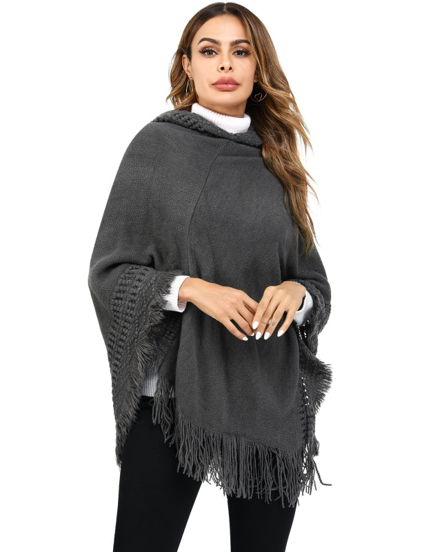 Women's Ethnic Fringe Hooded Knit Cape Shawl