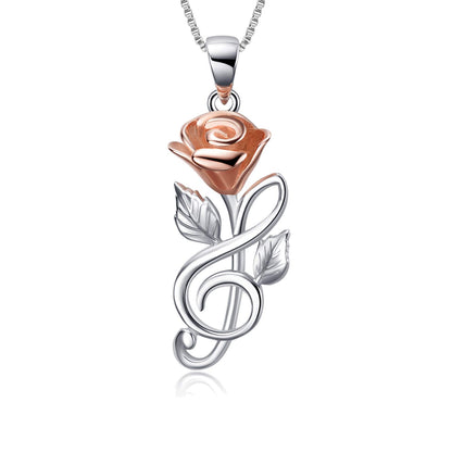 Rose Necklace Sterling Silver 3D Rose Flower Pendant Necklace with Musical Note Jewelry