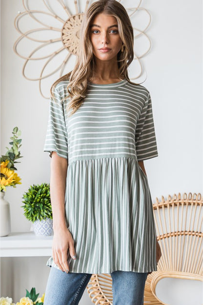 Heimish Full Size Striped Round Neck Babydoll Tee in Sage/Ivory