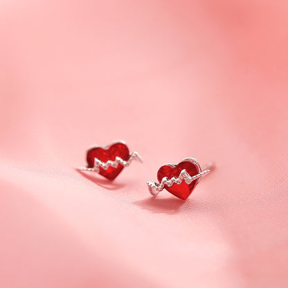 Asymmetric Red Heart Stud Earrings For Women Creative Hollow