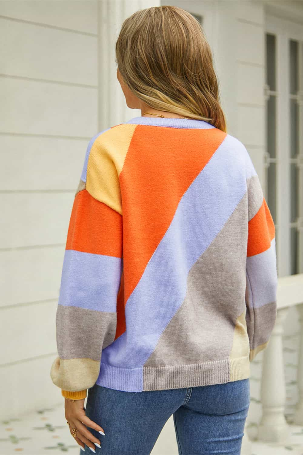 Color Block Round Neck Long Sleeve Sweater