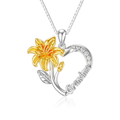 Necklace for Grandma 925 Sterling Silver Lily Flower Heart Necklace I Love You Grandmother Nana Pendant Women Jewelry Birthday Gift