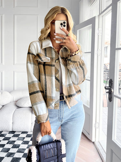 Women's fashion casual short plaid jacket