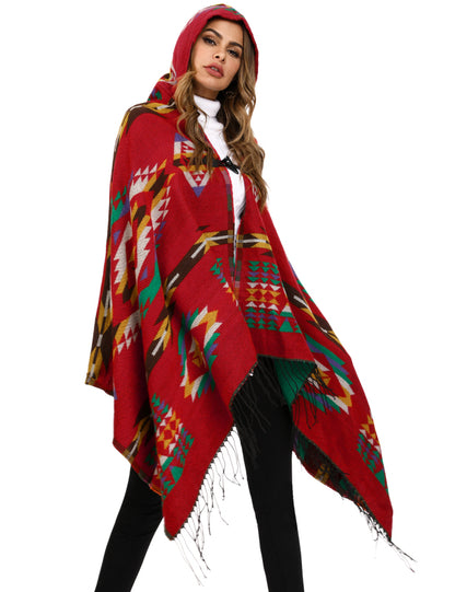 Women's Ethnic Fringe Hooded Knit Cape Shawl