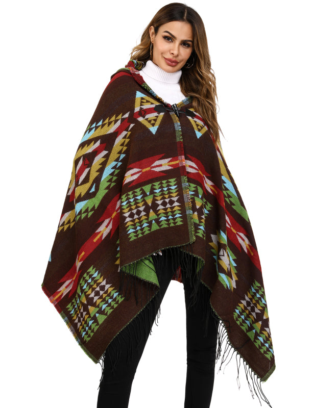 Women's Ethnic Fringe Hooded Knit Cape Shawl