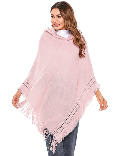 Women's Ethnic Fringe Hooded Knit Cape Shawl