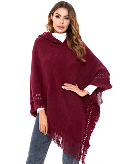 Women's Ethnic Fringe Hooded Knit Cape Shawl